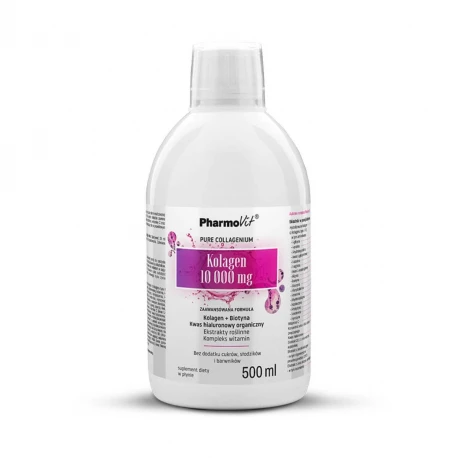 Kolagen w Płynie 10 000 mg Kwas Hialuronowy Organiczny Biotyna Ekstrakty Roślinne i Witaminy o Smaku Owocowym 500 ml Pharmovit