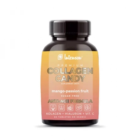 Collagen CANDY ANTI-AGE FORMUŁA z Kwasem Hialuronowym i Witaminą C o smaku Mango i Marakuja do Ssania 500 mg (60 tab) INTENSON