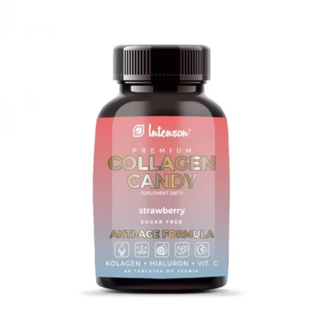 Collagen CANDY ANTI-AGE FORMUŁA z Kwasem Hialuronowym i Witaminą C o smaku Truskawkowym do Ssania 500 mg (60 tab) INTENSON