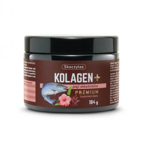 Kolagen Rybi z Łososia + 5 Składników Premium Witamina C Kwas hialuronowy Glukozamina Chondroityna Proszek 184 g Skoczylas