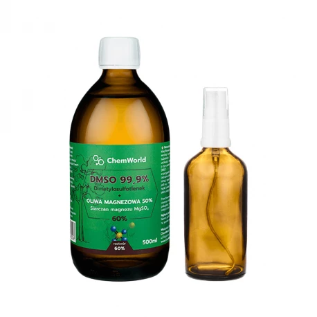 Zestaw DMSO 99,9% z Magnezem (siarczan) Roztwór 60% 500 ml + Butelka szklana z Atomizerem 100 ml ChemWorld