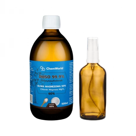 Zestaw DMSO 99,9% z Magnezem (chlorek) Roztwór 60% 500 ml + Butelka szklana z Atomizerem 100 ml ChemWorld