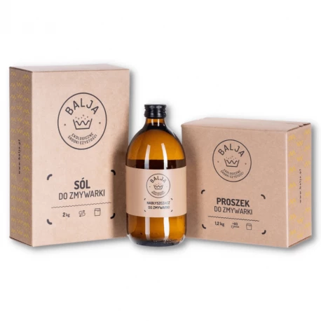 Powiększony zestaw do zmywarki Sól 2 kg + Nabłyszczacz 500 ml + Proszek 1,2 kg Ekologiczne Biodegradowalne BALJA