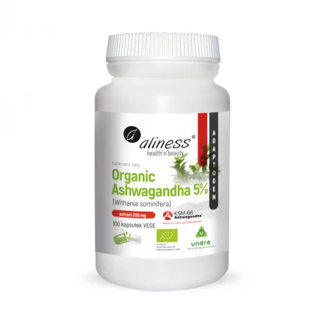 Organic Ashwagandha 5% KSM-66 Ekologiczna 200 mg Withania somnifera (100 kaps) Undra Aliness