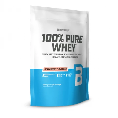 100% PURE WHEY Koncentrat i Izolat Białka Serwatkowego Odżywka Białkowa w Proszku Smak Truskawkowy 1000 g BioTechUSA