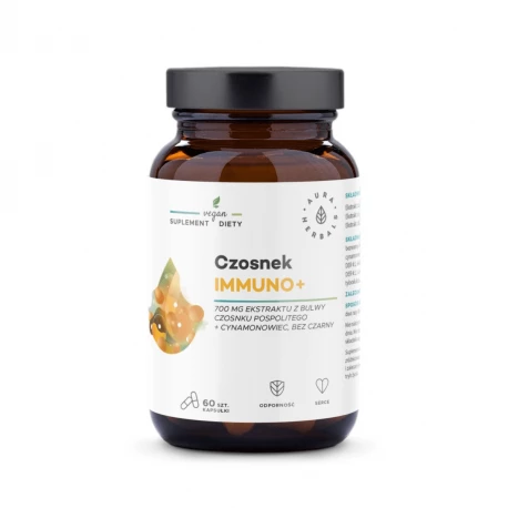 Czosnek IMMUNO+ 700 mg Ekstraktu + Cynamonowiec i Bez Czarny ODPORNOŚĆ (60 kaps) Aura Herbals