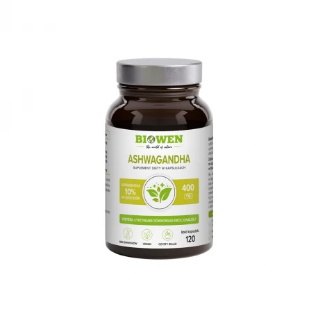 Ashwagandha 400 mg 10% Witanolidów + Piperyna (120 kaps) Stres Biowen
