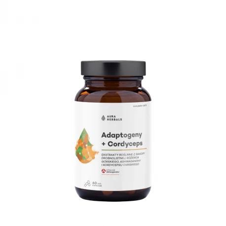 Adaptogeny + Cordyceps - Ashwagandha KSM-66 Bakopa Różeniec (60 kaps) Aura Herbals