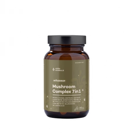 Mushroom Complex 7in1 - Reishi Chaga Shiitake Maitake Lions Mane Kordyceps Tremella Mycodrop (60 kaps) Aura Herbals