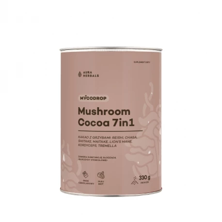 Kakao z Grzybami 7w1 Reishi Chaga Shiitake Maitake Lion\'s Mane Kordyceps Tremella o Smaku Czekoladowym Mycodrop Aura Herbals