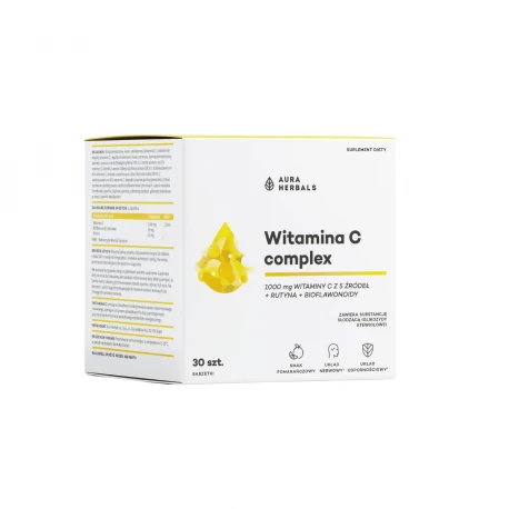 Witamina C Complex 1000 mg - 5 źródeł - Rutyna Bioflawonoidy - o Smaku Pomarańczowym (30 sasz) Aura Herbals
