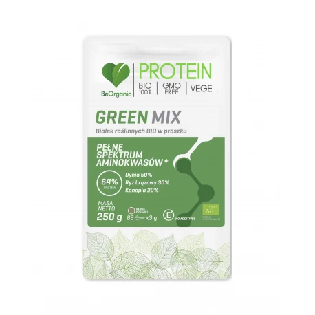 Białko Roślinne BIO Green Mix 64% Protein (Dynia, Ryż Brązowy, Konopia) Aminokwasy 250 g VEGE BeOrganic