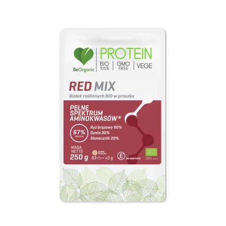 Białko Roślinne BIO Red Mix 67% Protein (Ryż Brązowy, Dynia, Słonecznik) Aminokwasy 250 g VEGE BeOrganic
