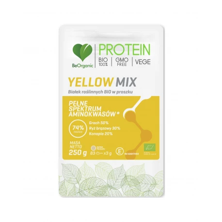 Białko Roślinne BIO Yellow Mix 74% Protein (Groch, Ryż Brązowy, Konopia) Aminokwasy 250 g VEGE BeOrganic