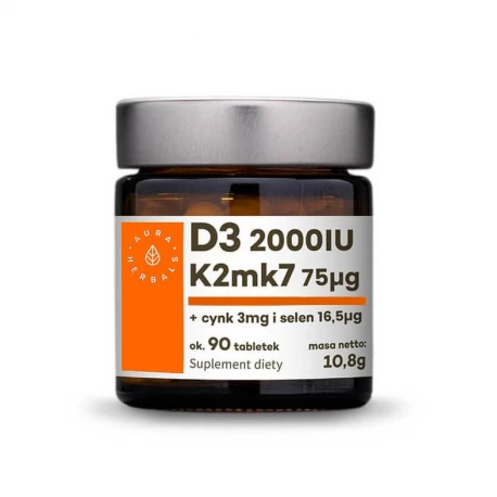 Witamina K2 MK-7 75 mcg + Witamina D3 2000 IU + Cynk 3 mg + Selen 16,5 mcg (90 tab) Aura Herbals