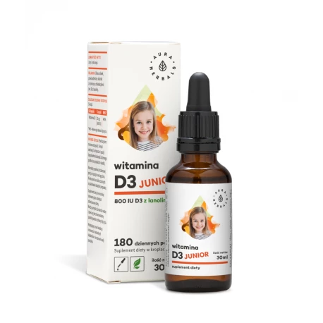 Witamina D3 Junior 800 IU dla Dzieci Krople 30 ml w Płynie Aura Herbals