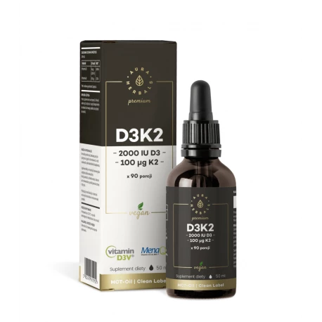 Witamina D3 2000 IU z Alg Morskich + K2 100 mcg PREMIUM Vegan Krople 50 ml Aura Herbals