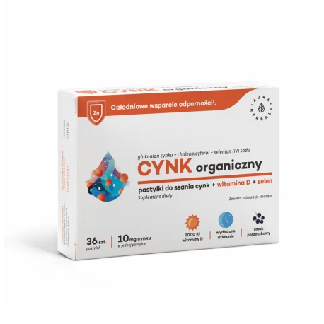 Cynk Organiczny 10 mg + Witamina D3 + Selen do Ssania (36 pastylek) Aura Herbals