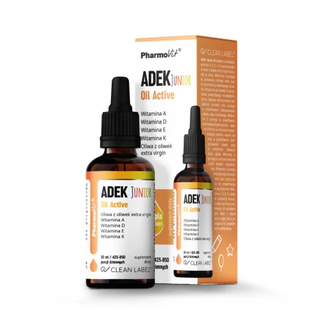 Witaminy ADEK Junior Oil Active Kompleks Witamin dla Dzieci Clean Label Krople 30 ml PharmoVit