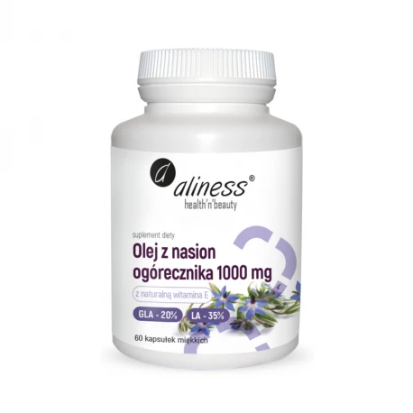 Olej z Nasion Ogórecznika 1000 mg z Kwasami GLA 20% LA 35% i Witaminą E (60 kaps) Aliness