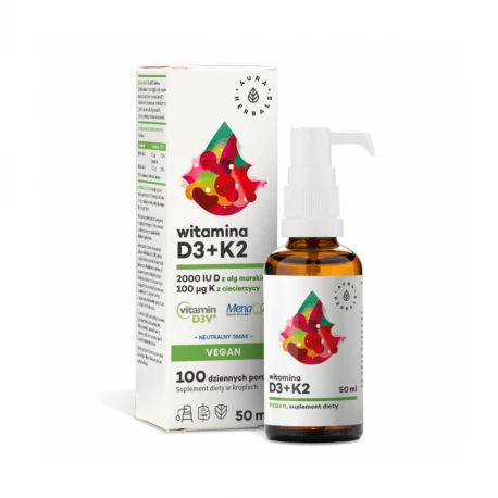 Witamina D3 2000 IU z Alg Morskich + Witamina K2 MK-7 100 mcg z Ciecierzycy Wegańska Krople 50 ml Aura Herbals