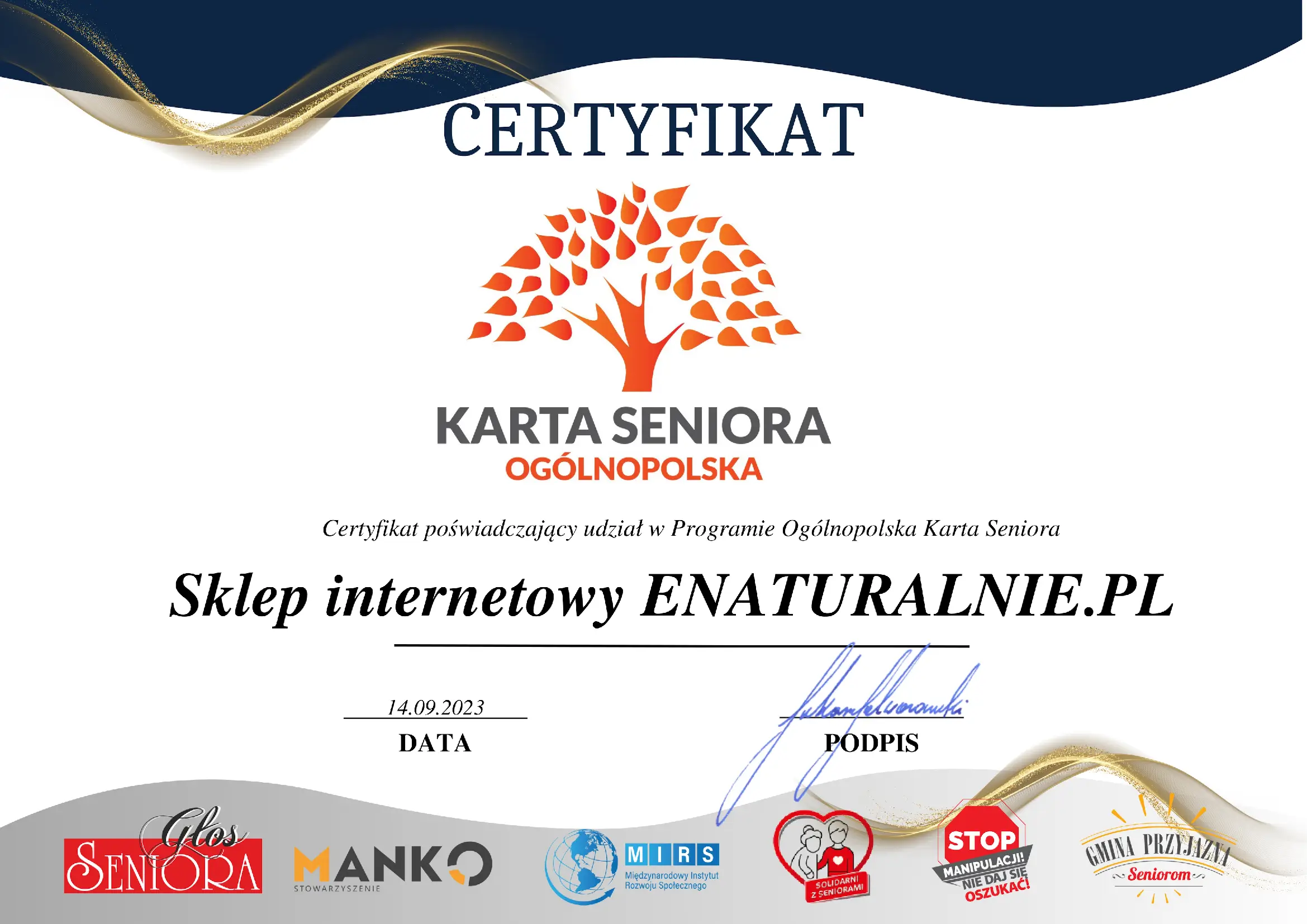 Certyfikat Karta Seniora enaturalnie.mom