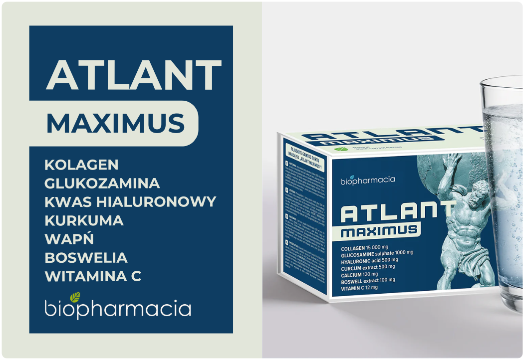 ATLANT MAXIMUS Kolagen Typu I III Glukozamina Kwas Hialuronowy Wapń Witamina C Kurkuma Boswellia (28 sasz) Biofarmacja
