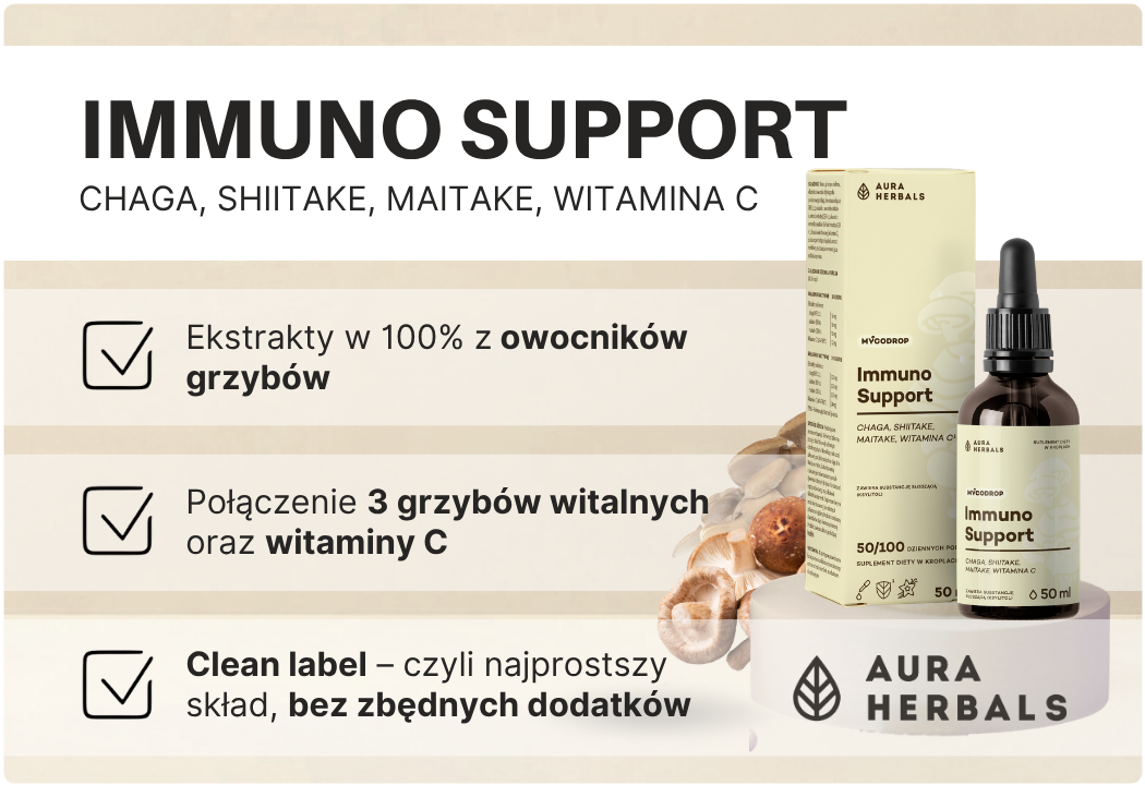 Immuno Support Chaga Shiitake Maitake Witamina C Mycodrop Krople 50 ml Aura Herbals