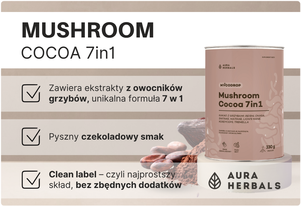 Kakao z Grzybami 7w1 Reishi Chaga Shiitake Maitake Lion's Mane Kordyceps Tremella o Smaku Czekoladowym Mycodrop Aura Herbals