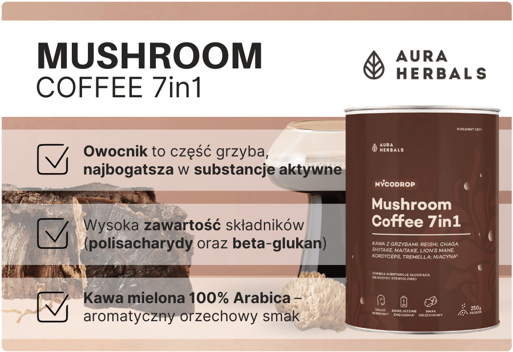 Kawa Funkcjonalna Mushroom Coffee 7in1 - Reishi Chaga Shiitake Maitake Lions Mane Kordyceps Tremella Mycodrop 250 g Aura Herbals