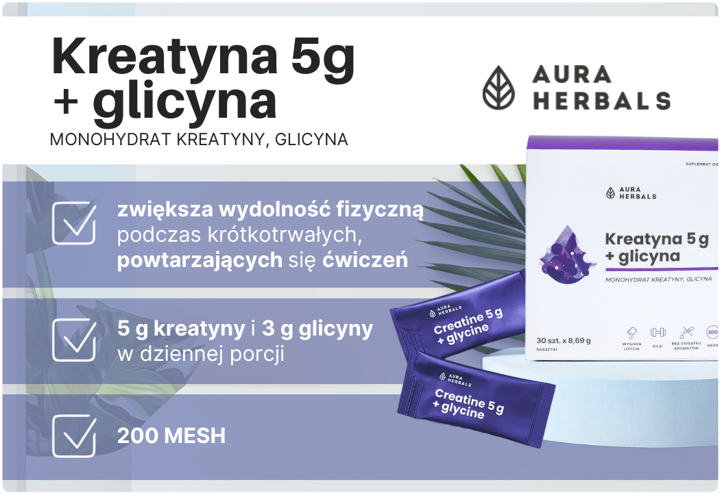 Kreatyna Monohydrat 5000 mg Glicyna 3000 mg w Proszku (30 sasz) 100% Pure Aura Herbals