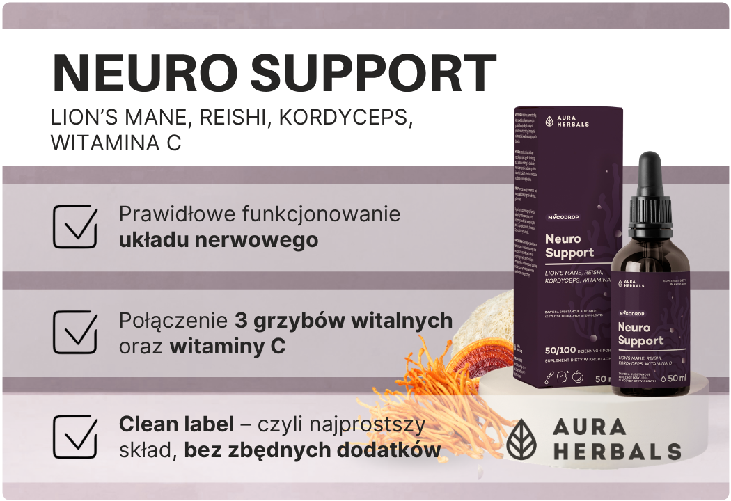 Neuro Support Lion's Mane Reishi Kordyceps Witamina C Mycodrop Krople 50 ml Aura Herbals