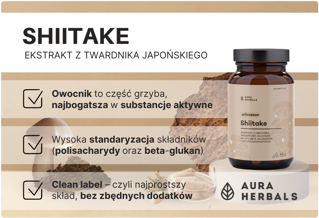 Shiitake - Ekstrakt Twardnik Japoński 30:1 500 mg Mycoodrop (60 kaps) Aura Herbals