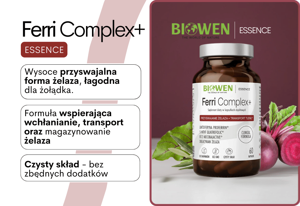 Ferri Complex+ Żelazo Laktoferyna Witamina B12 Kwas Foliowy (60 kaps) Biowen