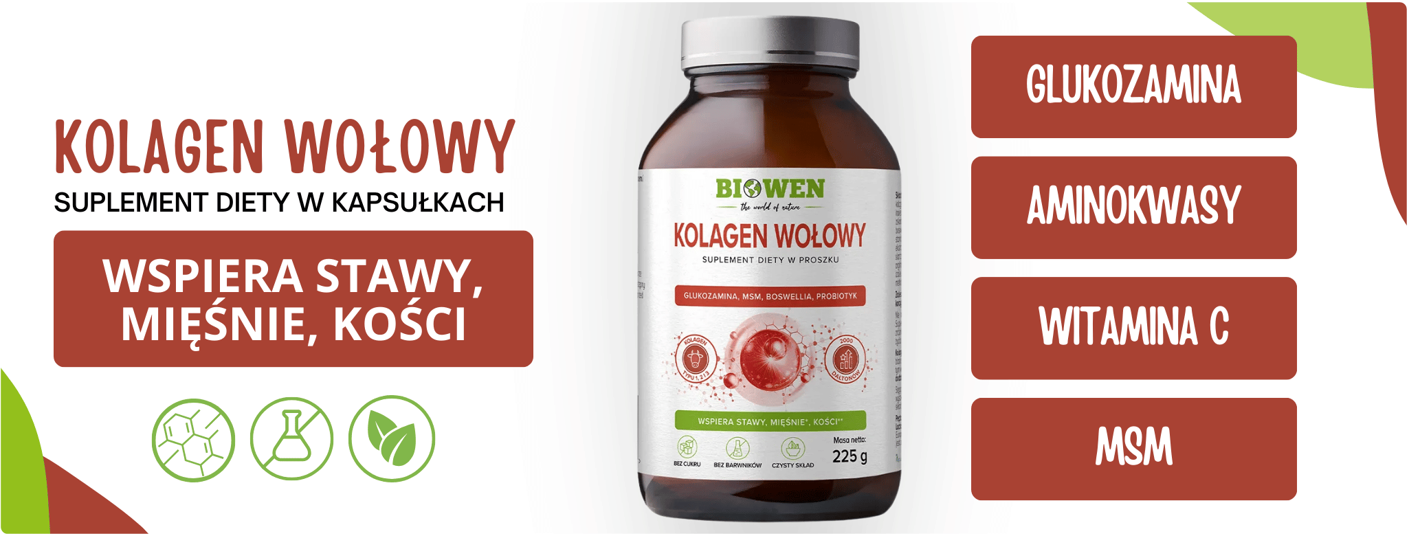 Kolagen Wołowy MSM Glukozamina proszek 225 g Biowen