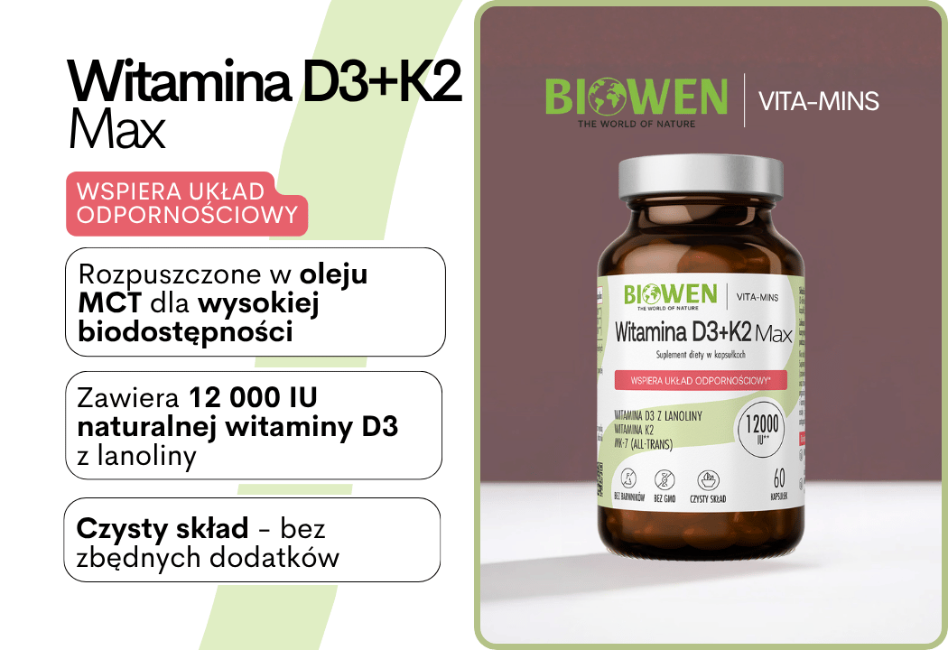 Witamina D3 + K2MK7 MAX 12000 IU (90 kaps) Biowen