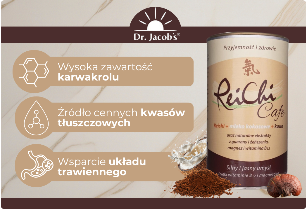 Reichi Cafe Kawa z Grzybami Reishi Mleko Kokosowe Witamina B12 Magnez 180 g Dr. Jacob's