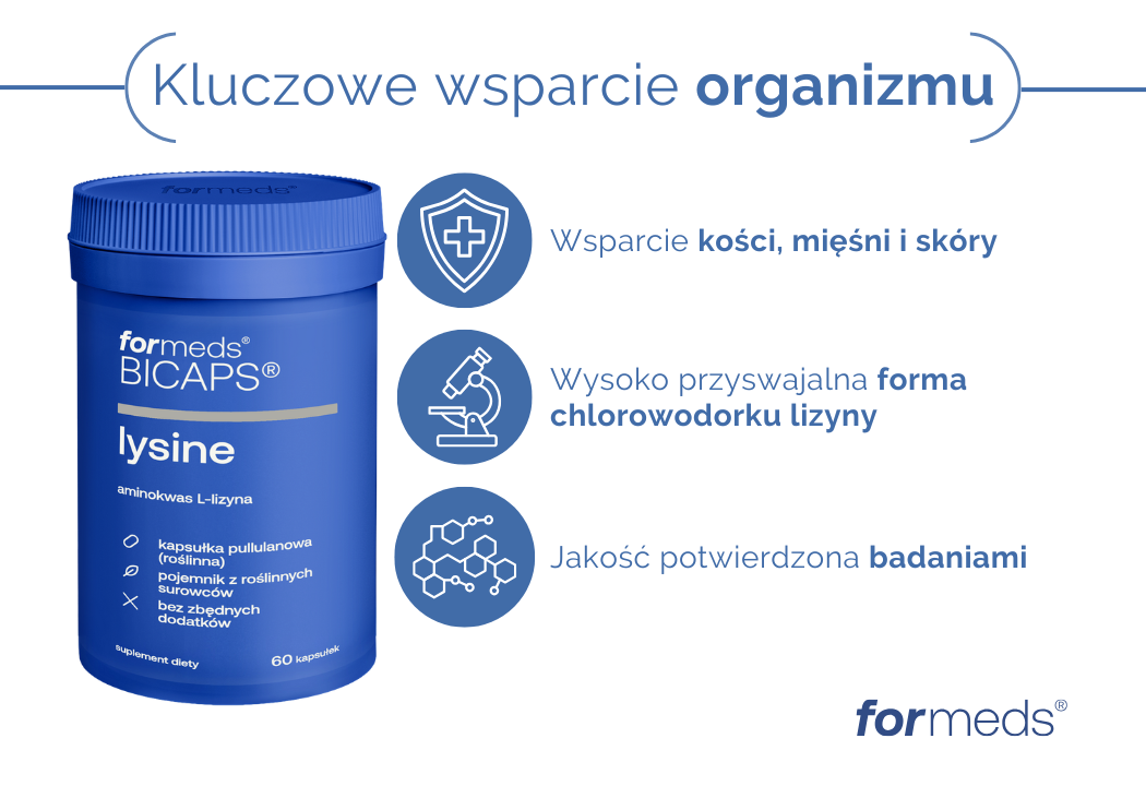 BICAPS Lysine Aminokwas L-lizyna Wsparcie Kości Mięśni Skóry (60 kaps) ForMeds