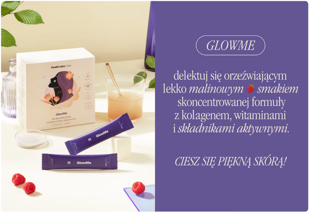 Kolagen rybi w saszetkach GlowMe 5000 mg z witaminami A, C, E i kwasem hialuronowym, smak malinowy, Health Labs Care