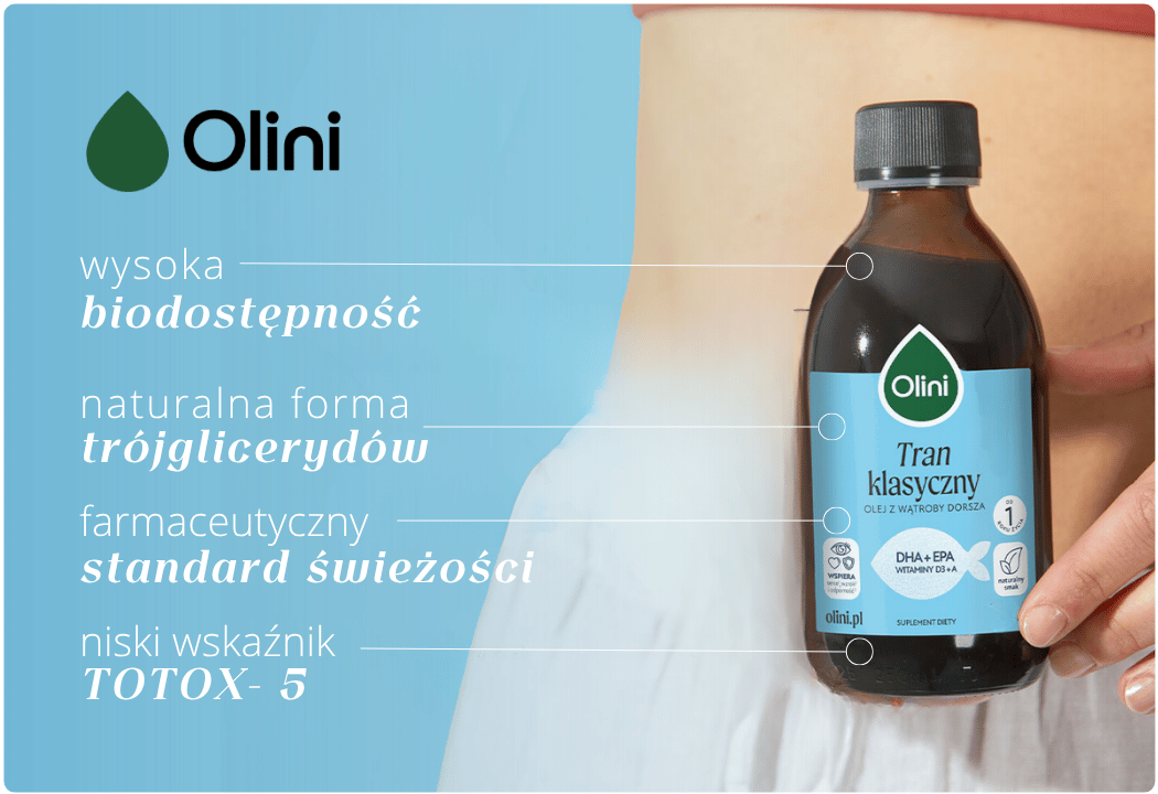 Tran Klasyczny - Olej z Wątroby Dorsza Omega 3 DHA EPA Witamina D3 A 250 ml Olini
