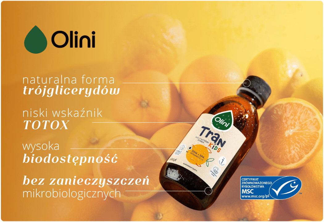 Tran dla Dzieci o Smaku Pomarańczowym - Olej z Wątroby Dorsza Omega 3 DHA EPA Witamina D3 A Olini