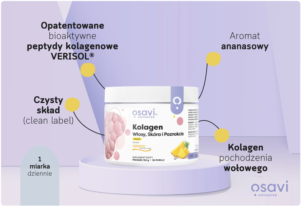 Kolagen Wołowy Włosy Skóra Paznokcie Ananas Proszek 150 g Osavi