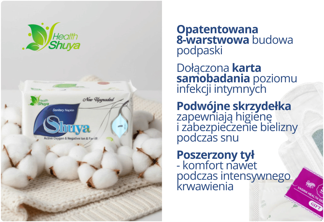 Podpaski Higieniczne Nocne - Cienkie z Efektem Chłodzenia - Poszerzany Tył Dyskretne - Podwójne Skrzydełka 8 szt. Shuya