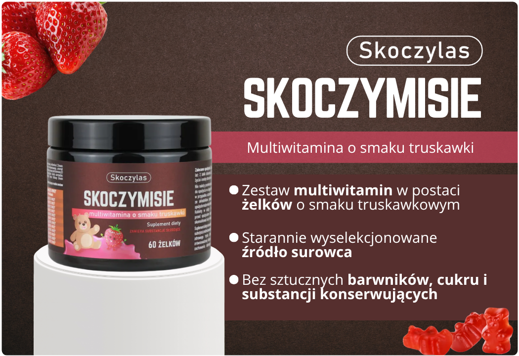 Żelki Skoczymisie Multiwitamina Smak Truskawkowy (60 szt) Skoczylas